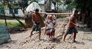 কাদায় বেহাল সড়ক, বাঁশে চেয়ার ঝুলিয়ে মাকে হাসপাতালে নিলেন দুই ছেলে